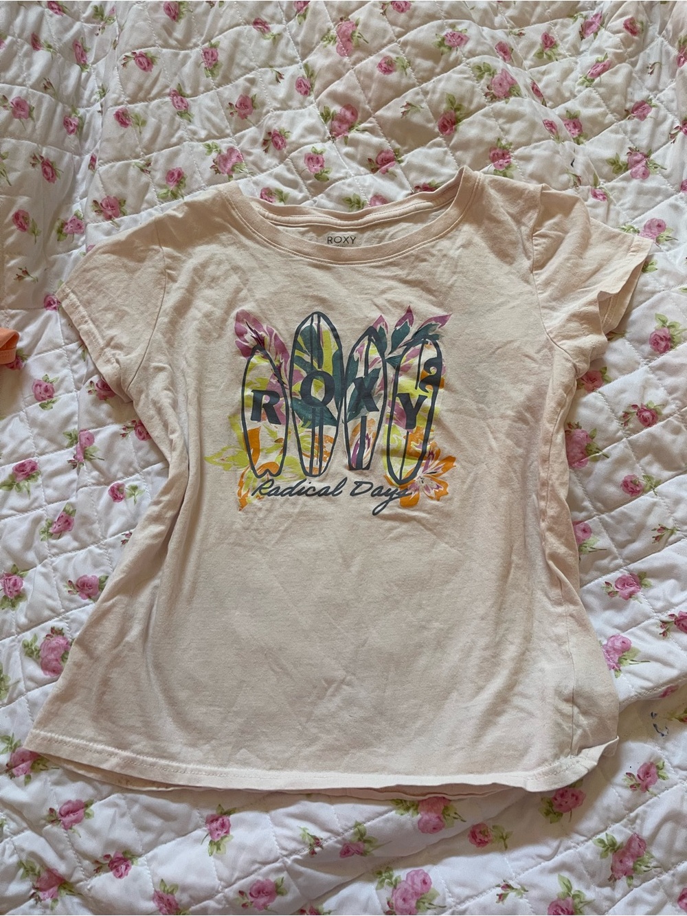 Roxy Cream Short-Sleeve Tee with Multicolor Surfboard Graphic